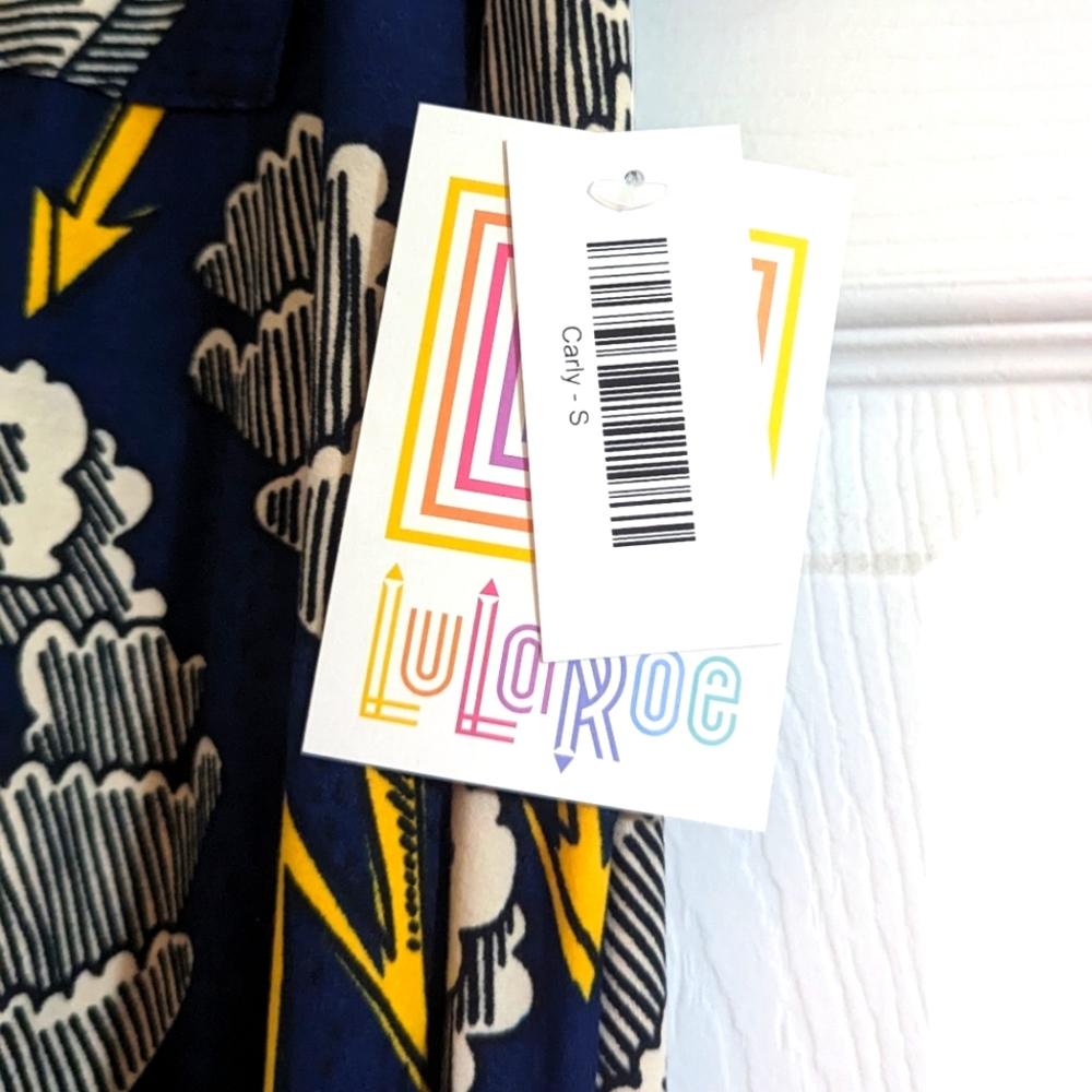 NWT LuLaRoe navy small Carly dress lightening bolts arrows rain clouds SOFT